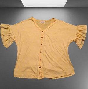 Bobbie Brooks Womens 2X V-Neck, Button up, Short sleeve blouse, yellow